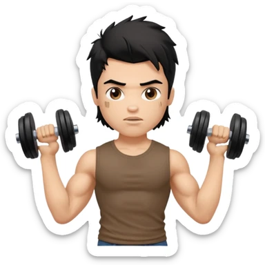 generate a pretty fair bratz boy with a messy mullet (black hair), wearing a brown tshirt. he has big biceps and is ripped. He is holding dumbbells sticker