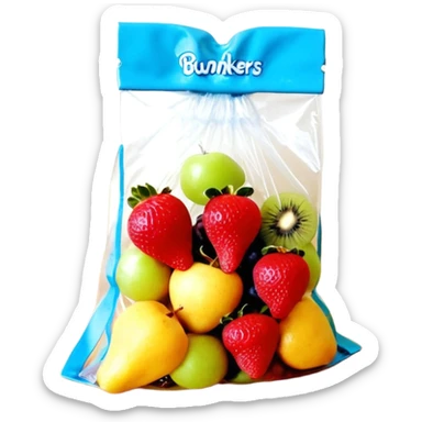 Ein weicher, bunter Standbeutel für Kinder, gefüllt mit püriertem Obstmus. Oben hat er einen kleinen wiederverschließbaren Schraubverschluss, aus dem Kinder direkt trinken oder saugen. Verpackung wie Babynahrung-Beutel aus dem Supermarkt, mit fröhlichem Obst-Design (Apfel, Banane, Erdbeere). sticker