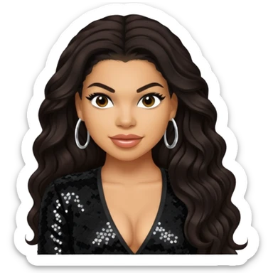 Jordin Sparks with long dark brown hair, black sequin outfit sticker