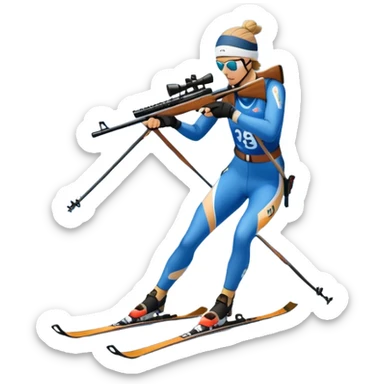 An icon featuring snow-covered trees, distant mountains, and a clear blue sky with a biathlete in motion, holding a rifle and skiing across a snowy course. Transparent background highlights the precision, endurance, and excitement of biathlon. sticker