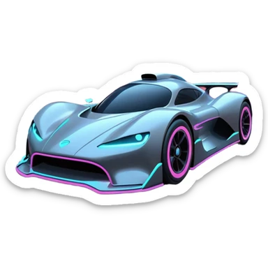 A futuristic racing car with glowing neon lights, sleek aerodynamic design, and a cyberpunk cityscape in the background. The car is speeding through a neon-lit street with high-tech buildings and holograms." sticker