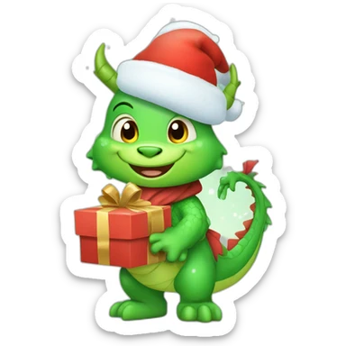 happy little green cartoon dragon of child, in winter, in work pants, in work clothes, in winter boots, in a Santa Claus hat, New Year sticker