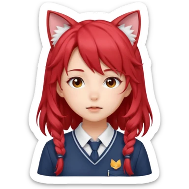 cute anime girl with cat ears, red blowing hair sticker