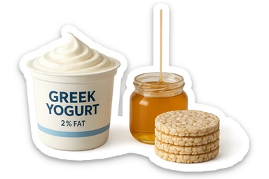 Yogurt Greco 2%
Miele (senza il cucchiaio di legno)
Gallette di Riso
vista frontale, iperrealistico 4k sticker