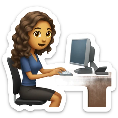 a woman with long wavy hair and brown eyes who writes on a computer sticker