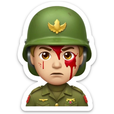 scowling soldier emoji with red skin tone, blood splatter on left cheek, wearing green helmet and military uniform, facing slightly right, 2d apple emoji style sticker