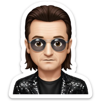 Bono from U2 with long dark brown hair, black sequin outfit  sticker
