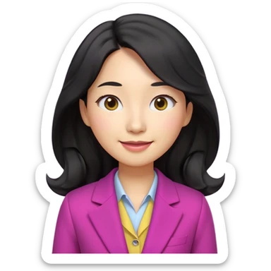 Ultra cute 3D emoji of a Korean woman, long wavy black hair, big brown eyes, small nose, warm smile, smooth pastel skin, wearing a magenta blazer over a dark top, on a solid lemon yellow background. Clean Pixar-style, soft lighting, simple shapes, no text, no background objects, high resolution. sticker