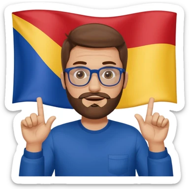 A brown-haired man with a designer stubble beard and rectangle glasses. He pose to show him shrugging - raise both shoulders up in a "I don't know" gesture, In the background the Romania flag. sticker