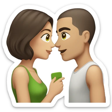 Buzz cut brown hair guy with green eyes kissing girl with dark brown hair and brown eyes sticker