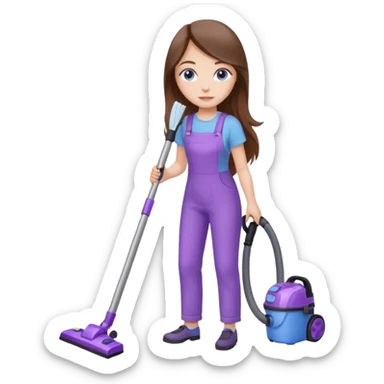 beautiful girl with long brown hair, blue eyes and wearing light purple clothes, cleaning and vacuuming sticker