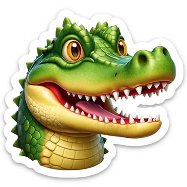 Cinematic Realistic Comical Crocodile Portrait Emoji, Head tilted dramatically with an exaggeratedly amused expression, featuring a striking, glossy scaly hide with bold textures and wide, expressive eyes full of playful disbelief, rendered with vivid natural hues and lifelike detail, high shine, dramatic yet playful, styled with an air of cheeky aquatic mischief, soft glowing outline, capturing the essence of a spirited and over‐the‐top crocodile that looks ready to snap its jaws in a burst of viral wild humor! sticker
