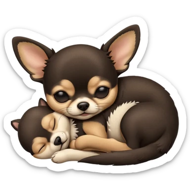A high-resolution photo-realistic digital illustration of a cute black and tan chihuahua with eyes closed shut sleeping lazily on the ground sticker