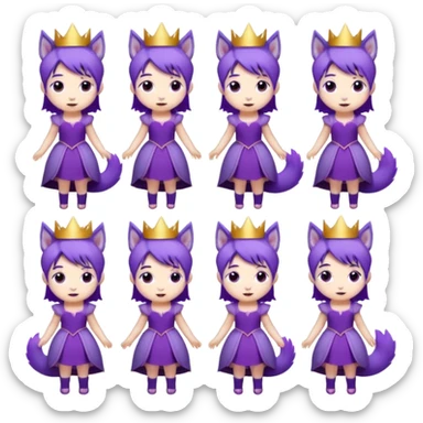 A collection of twelve chibi-style illustrations of a cute princess wearing a purple dress and crown with purple hair and purple wolf ears and purple wolf tail character. Each square shows the character doing something different against a white background And make a gap between each illusion sticker