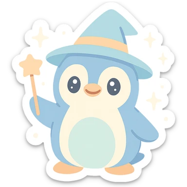 cute penguin wizard with a glowing magic aura, charming and whimsical sticker