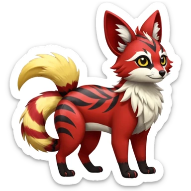 Futuristic sanguine-red banana-yellow black chevron-marked furry fluffy floofy feathery tribal marked Genet-Absol-Kyurem-Zeraora-Primagen-fusion-creature  sticker