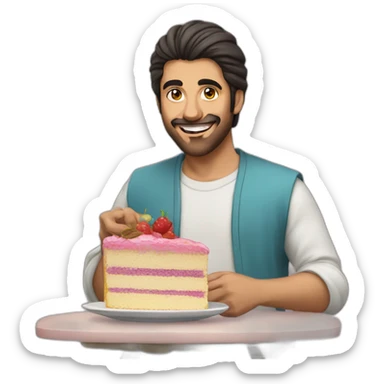 middle eastern man with a pony tail eating a cake sticker