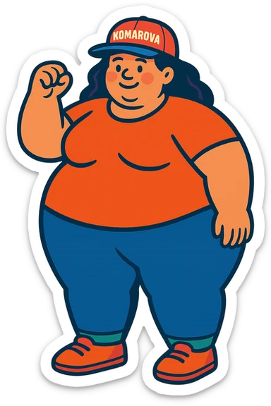 A plus-size woman with a cap that says "Komarova", make her even more plus-size. sticker
