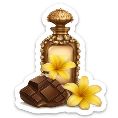 An antique perfume bottle with oil made of bronze and brown crystals, coconut cream and coffee milk flow, chocolate, yellow flowers of fragrant vanilla lie next to it sticker
