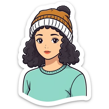 woman with dark curly hair and a beanie sticker