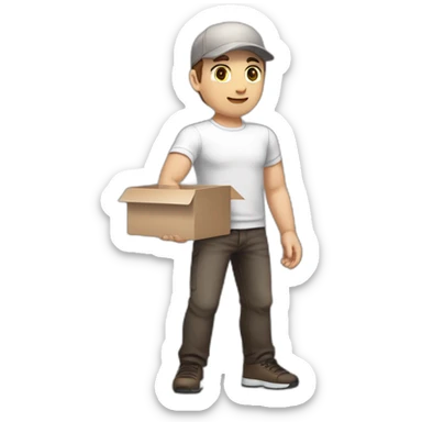 Pale skinned fit Man with dark brown hair in a light gray cap, dark brown jeans, brown polo and white T-shirt keeping a pasted with tape white box into his hands sticker