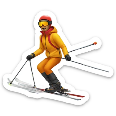 man skiing in dark yellow orange jacket with red helmet sticker
