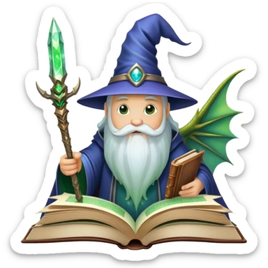 Icon for Fantasy and Sci-Fi Literature: a magical book with glowing pages, surrounded by a dragon, a spaceship, and a wizard with a staff. The icon should capture the adventurous and imaginative world of fantasy and science fiction. Transparent background. sticker