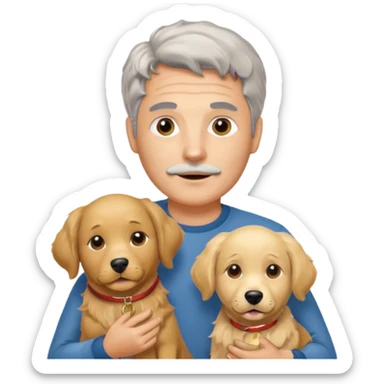 Italian man with no moustache with salt and pepper hair holding a golden retriever and a labrador dog sticker