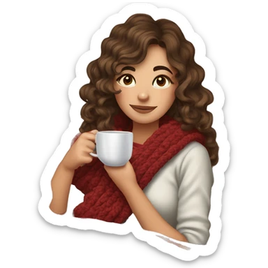 26 year old wonan with brown soft wavy hair and curtain bangs who crochets on the sofa with a blanket on herself. Near her there is a cup of tea. It’s Christmas time sticker