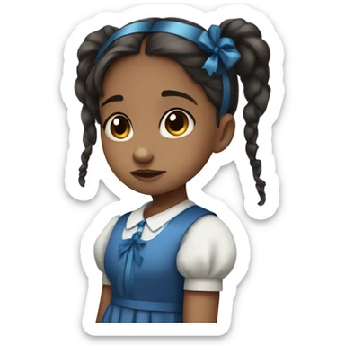 little girl with dark pigtails, blue ribbons, blue dress, big sad brown eyes sticker