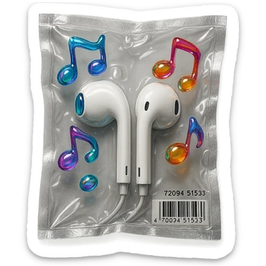 pair of white EarPods with floating multicolored glassy music notes around, shiny and inflated sticker