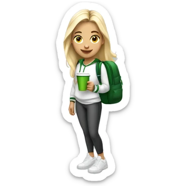 21 year old white blonde trendy athleisure girl with white sweatshirt with a school bag, headphones holding a green coffee sticker