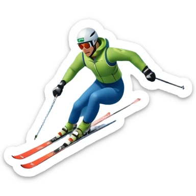 An icon featuring snowy peaks, pine trees, and a picturesque mountain landscape with a skier racing down a snow-covered slope. The sky is blue with soft clouds, capturing the thrill and beauty of alpine skiing. Transparent background highlights the excitement and serenity of winter sports. sticker