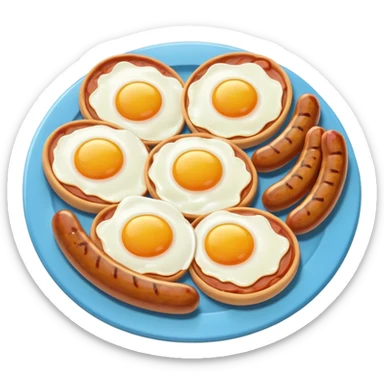 sausage and eggs object icon, fried eggs with sunny yolks, grilled sausages, warm breakfast vibe, delicious food presentation, 3D cartoon style, mobile game icon style, centered, clean background, no text, no watermark
 sticker
