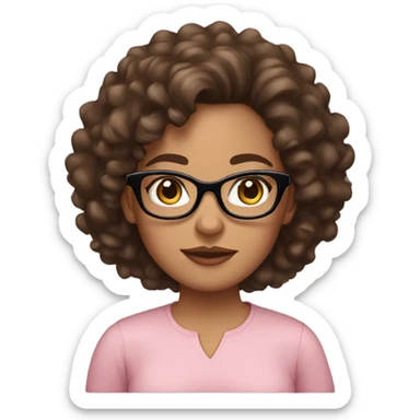A women with brown medium curly hair, light skinned, full cheeks, black glasses, blush pink shirt sticker