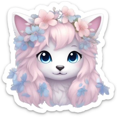 Anthro Cute Cool Blushing Pastel Innocent Shy Kawaii gorgeous sparkly ethereal fantasy anime animal creature with blue eyes furry sona with flowers and ribbons beautiful aesthetic sticker