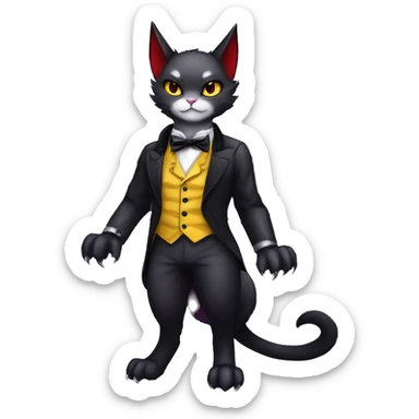 Cute-Evil-Vampiric-Batty-Cat-Black-Purple-Red-Grey-White-Yellow-Contrast-Colors-Fantasy-Fur-Sona-Chibi-Shiny-Fakémon-Hybrid with horns and big fangs neck bow tie leg spats full body sticker