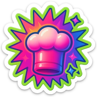 chef's hat, colors explosion, playful and modern with gradient FF4D67, 9D34FF gradient, border green neon, vibrant, matching image reference  sticker