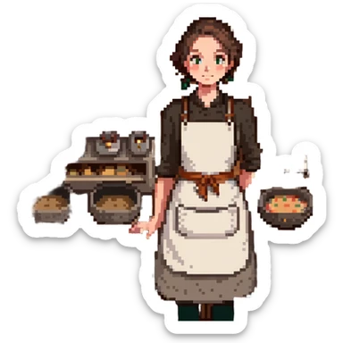 A young apprentice baker in a cozy, old-fashioned bakery. Surrounded by wooden countertops, cast iron baking trays, and a stone oven. His apron is dusted with flour, and analog timers tick beside handwritten recipe cards. The scene is textured with aged wood, metal, and soft fabric. sticker