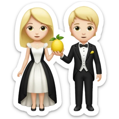 2 lemons a girl and a boy lemon the girl lemon with a white dress similar to a wedding dress but not that fancy and the boy lemon wearing a tuxedo but instead of a bowtie make it a regular tie with black and white colors also they have to be facing each other  sticker