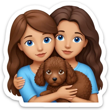 A girl with blue eyes and long hair hugging her little Brown Spanish water dog  sticker