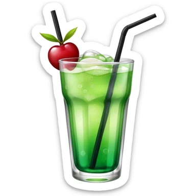 Create an emoji with a clear rounded glass, bright transparent green soda with fine bubbles, a smooth vanilla scoop, a glossy red cherry, and a black straw, using vibrant colors, soft shading, and clear glass highlights.
 sticker