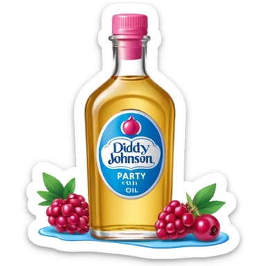 bottle of oil blue top pink outside with logo that says Diddy Party oil Johnson and Johnson  brand with a smiling berry on top sticker