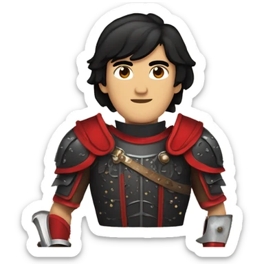 Vintage Tanned man with black hair pointed chin and stern face wearing red and black armour holding sword vintage intricate patterns sticker