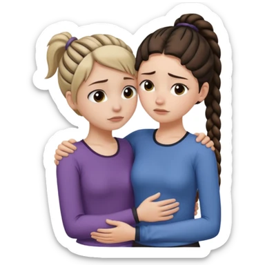 Comforting Hug two white skin women, one shorter woman with medium brown simple top ponytail, not braided, and one taller skinny sad face woman with a single long black side braid sticker