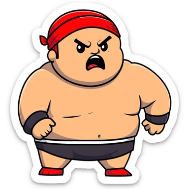 Extreme close-up of face of morbidly obese white skin guy with young face, prominent BLACK DURAG tied clearly on head, black beard but no mustache, clean shaven upper lip, black eyes in a red and black wrestling singlet with angry expression sticker