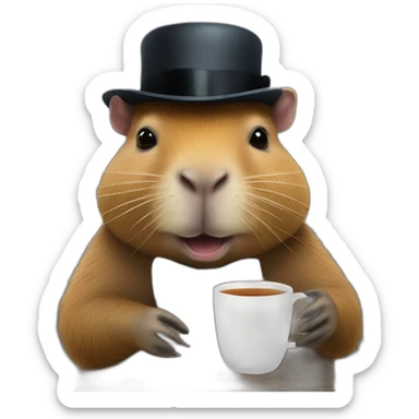 A capybara with a bowler hat is holding a cup of tea sticker
