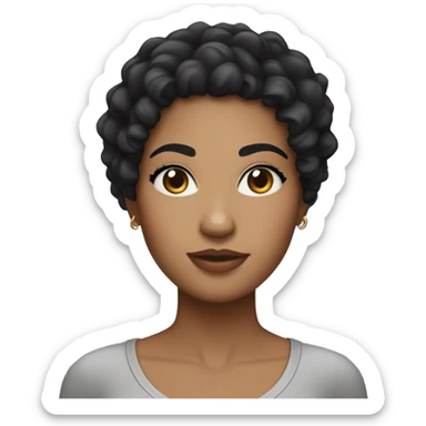 Curvy female with medium long black curly hair light skin and eyes are black with black aye eyebrows and two small moles on her chin  sticker