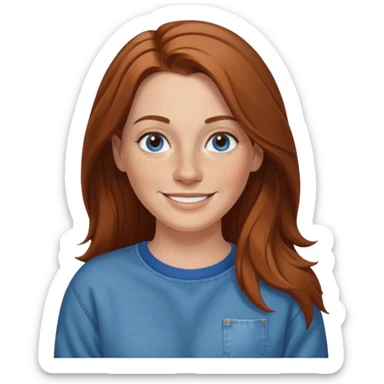 A 38 year old white woman with long brown hair parted in the middle. She has a nose ring. She has freckles and is wearing a sweatshirt and jeans smiling sticker