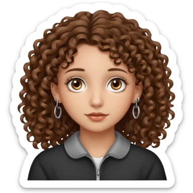 make a girl with mid length brown curly wavy hair with hazel eyes and silver tiny hoops sticker
